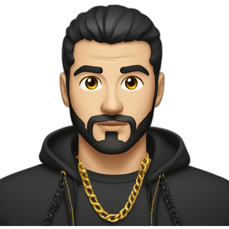 Russian muscular thug man aged 26 wearing gold chain with black hair and short beard emoji