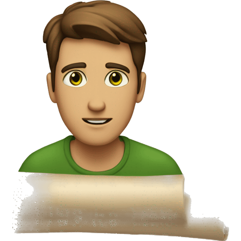 a light-skinned green-eyed man with brown hair sitting in front of the paper scroll  emoji