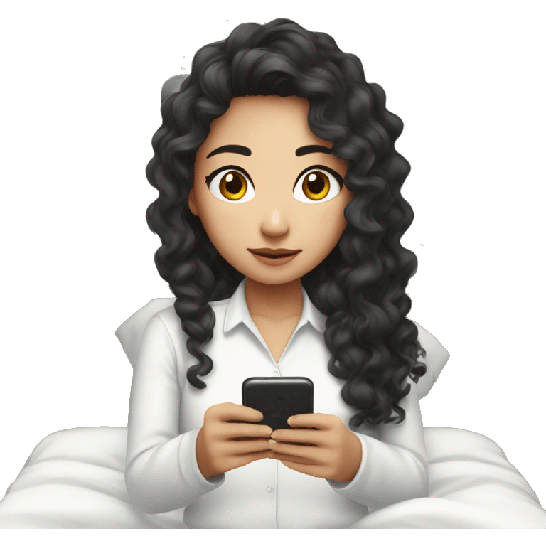 asian girl with curly long hair and white long sleeve shirt watching show on phone on bed emoji