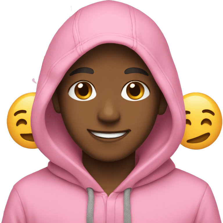 Boy in a pink hoodie smiling with a peace sign emoji