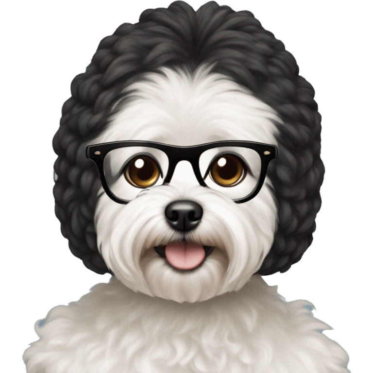 Indian woman with black glasses holding small white MaltiPoo dog emoji