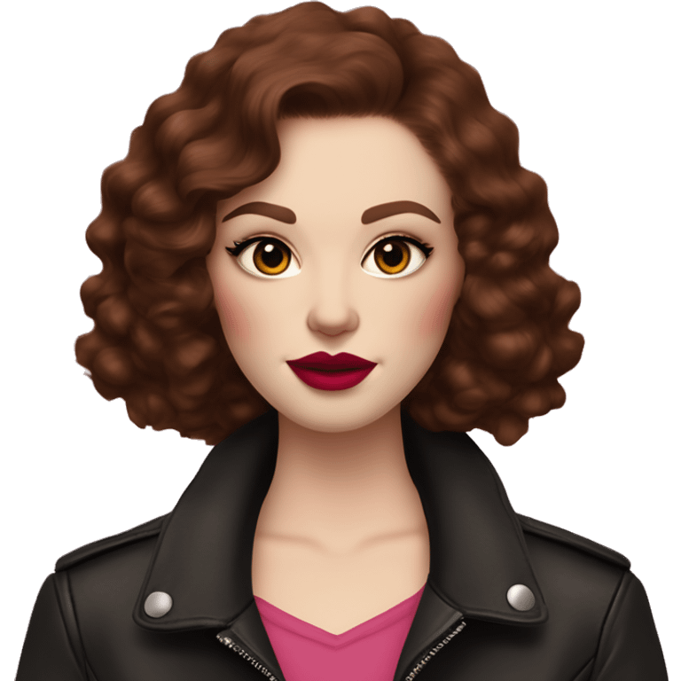 Woman with very pale skin, dark red curly short hair that is parted on the side, heavy cat-eye makeup, long eyelashes, bright pink blush and lipstick.  Her eyebrows are dark, arched and very high.  Hazel eyes. Big lips. Wearing a leather jacket  emoji