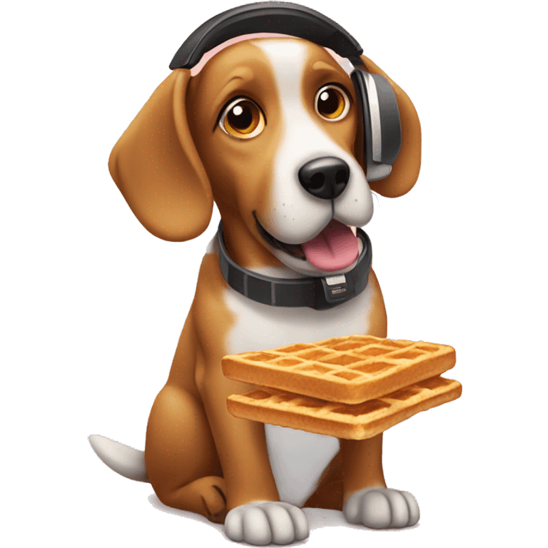 A dog wearing headphones eating waffles emoji