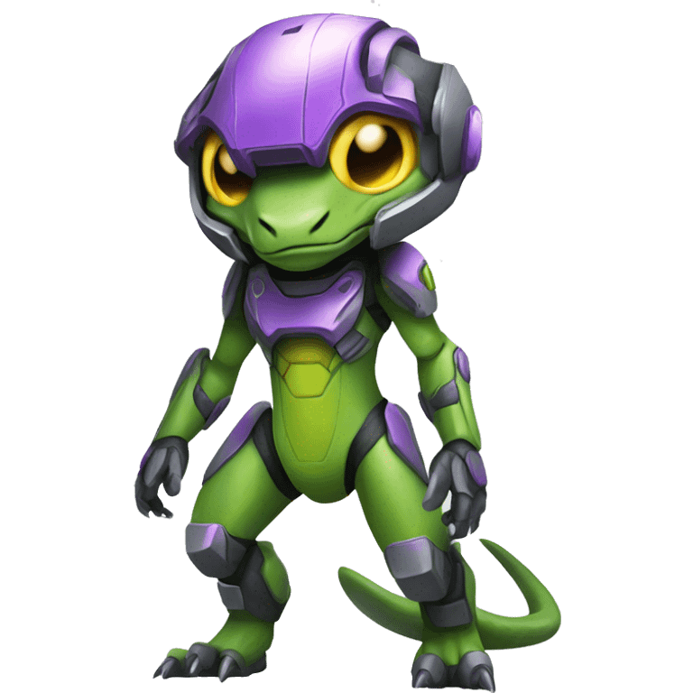 a Reptile-Raptor-Genesect-Fakémon with a futuristic visor-helmet and wearing a techwear-suit Full Body emoji