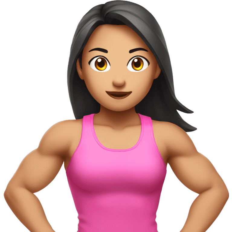 Athletic Asian girl show biceps wearing pink emoji