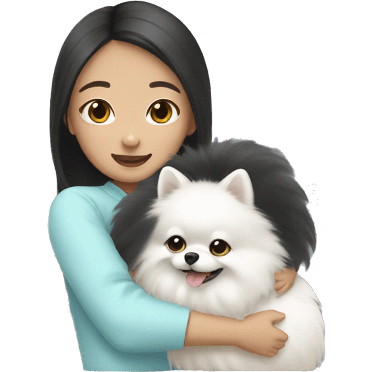 Chinese girl hug white Pomeranian emoji