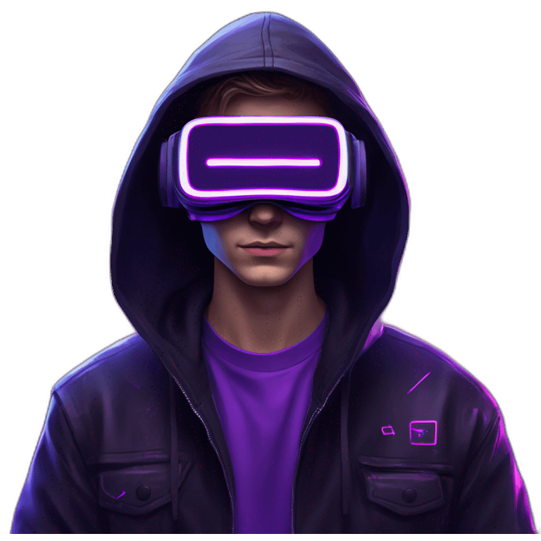 Russian young man wearing a black hoodie with "OMG" letters on it and VR headset in a cyberpunk VR environment with violet neon lighting. emoji