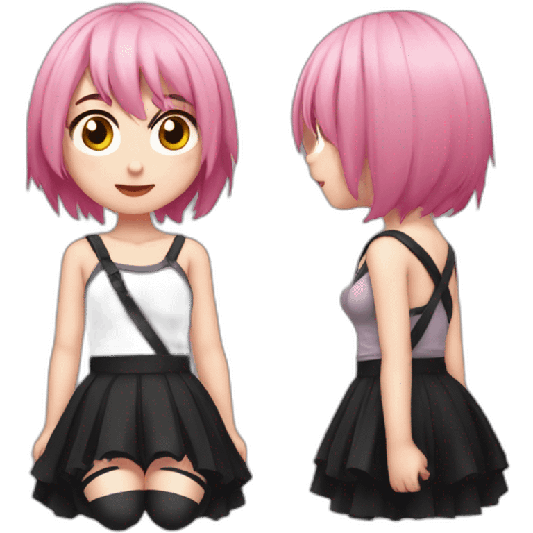 Full body Front view curvy emo girl pink hair sits on the floor straight view hands up black skirt полосатые рваные чулки emoji