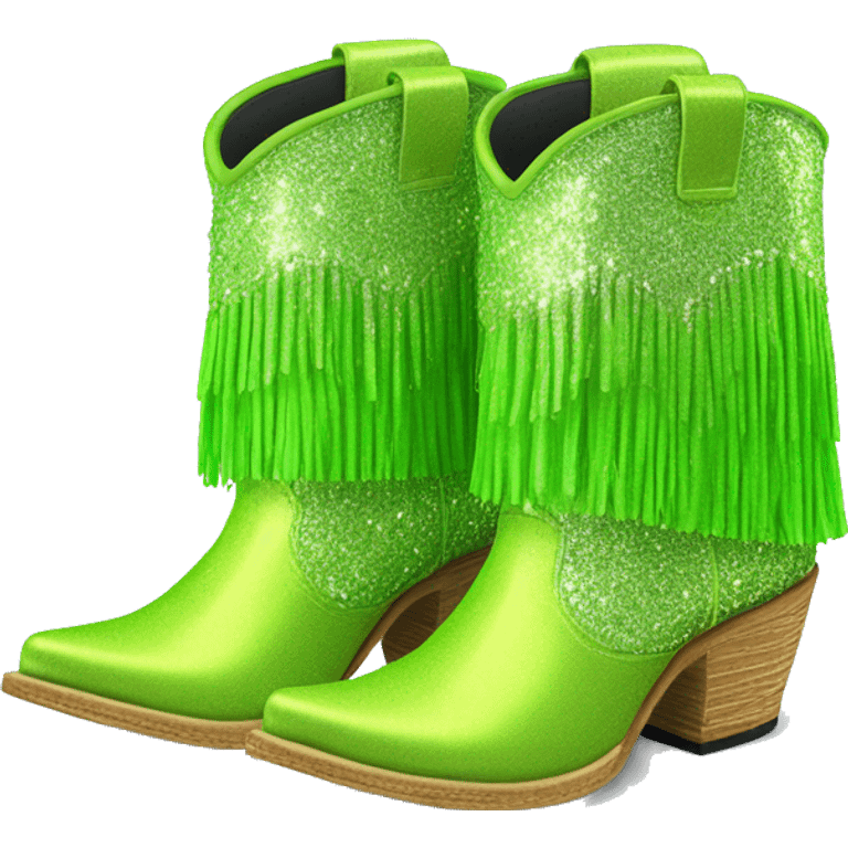 Realistic lime green fashion cowgirl boots with sparkly shiny glitter fringe on them. emoji