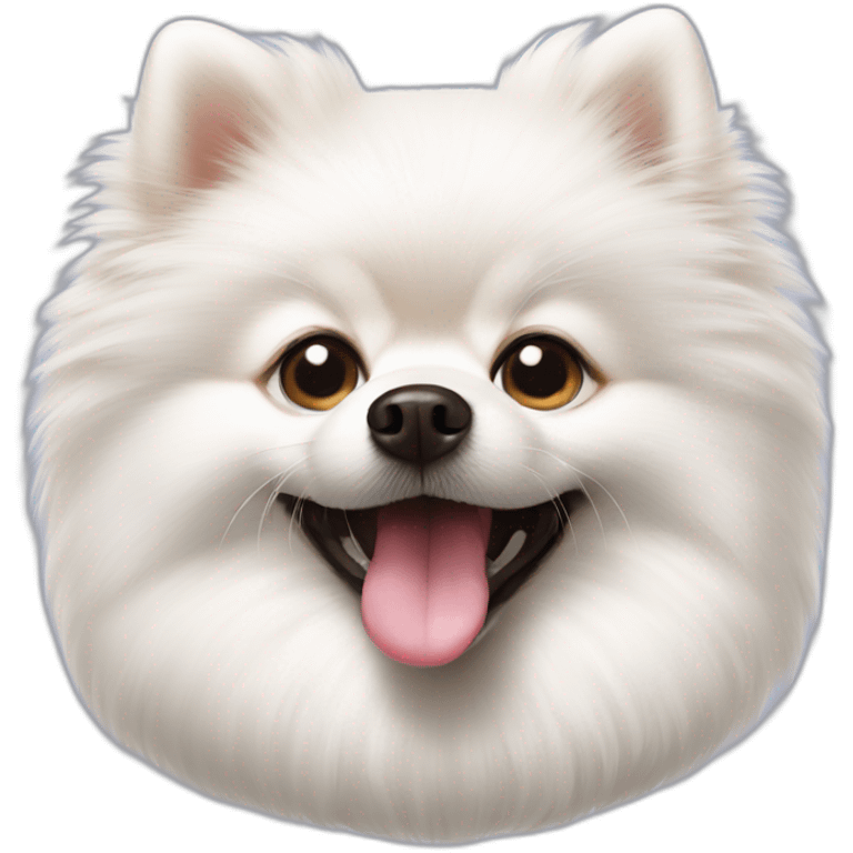 The white pomeranian shows his tongue emoji