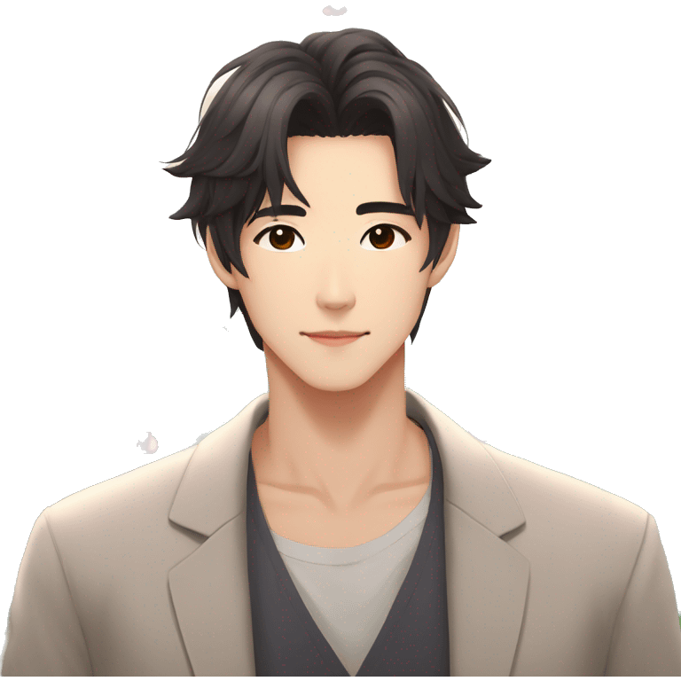 Gorgeous romantic Asian anime gentle man with blushing face aesthetic trending style outside emoji