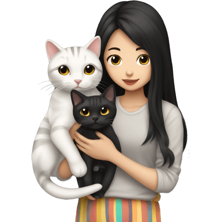 asian with long black hair girl holding cat striped color emoji