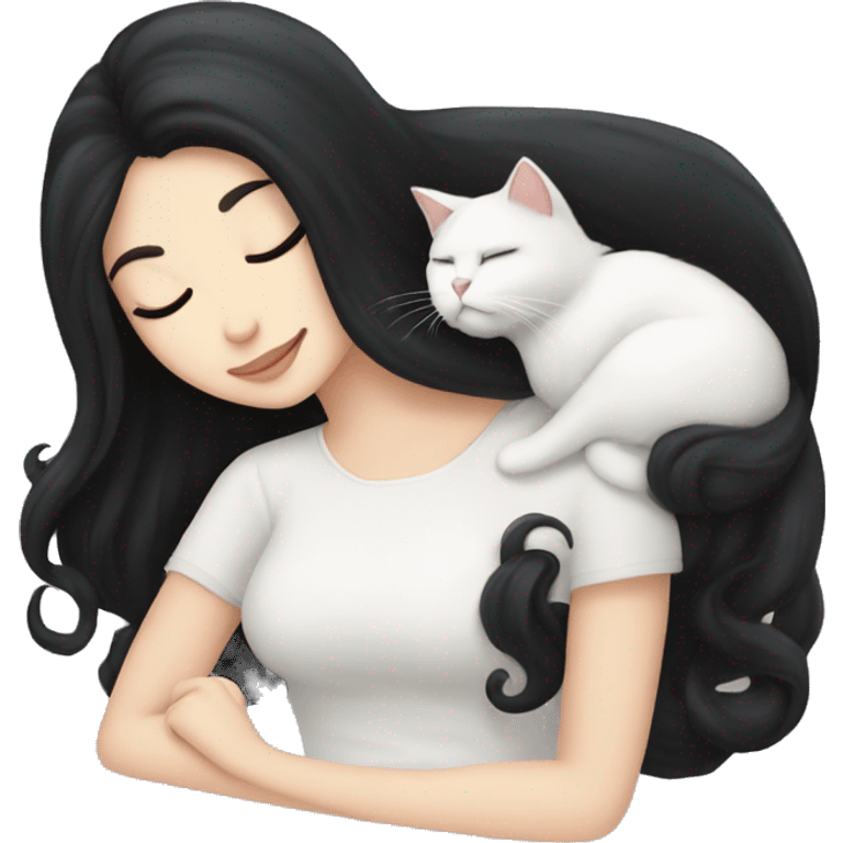 A pretty white girl with very long black hair and sleeping curled up to a white cat  emoji