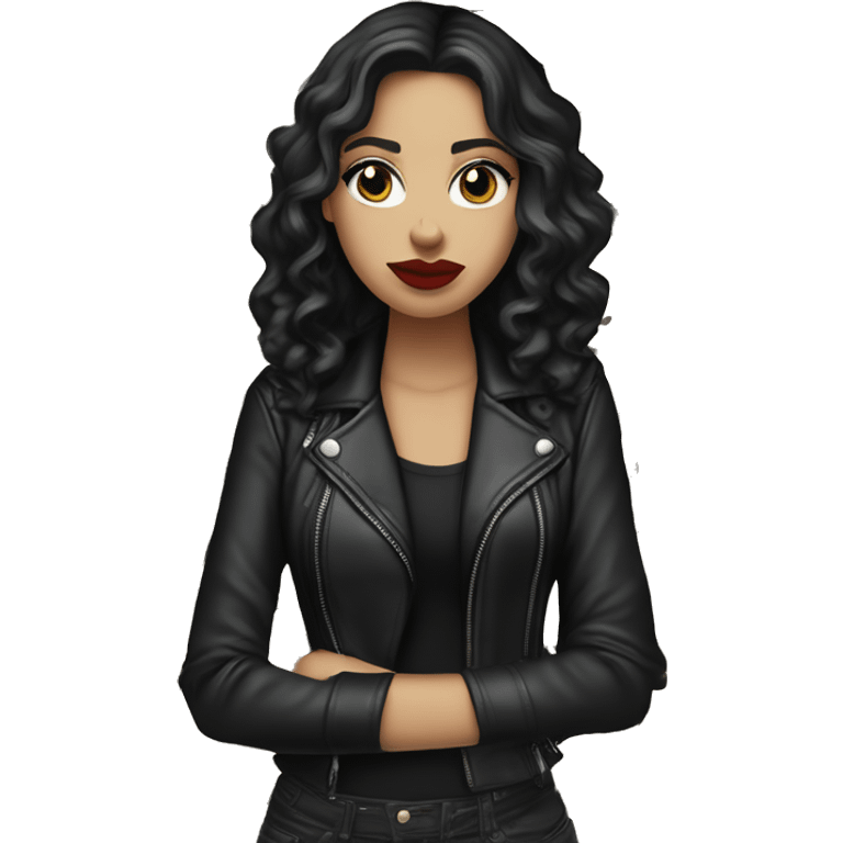 White girl, with long curly black hair, with red lipstick, black winged eyeliner, wearing black shirt and black leather jacket shrugging her shoulders in a gesture that says “I don’t know” emoji