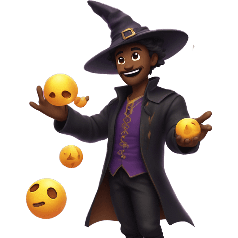 He shows off his 💁 juggling skills, but with balls shaped like small dragons, while mastering the magic 🧙‍♂️ stars around him and wearing a witch's hat. emoji