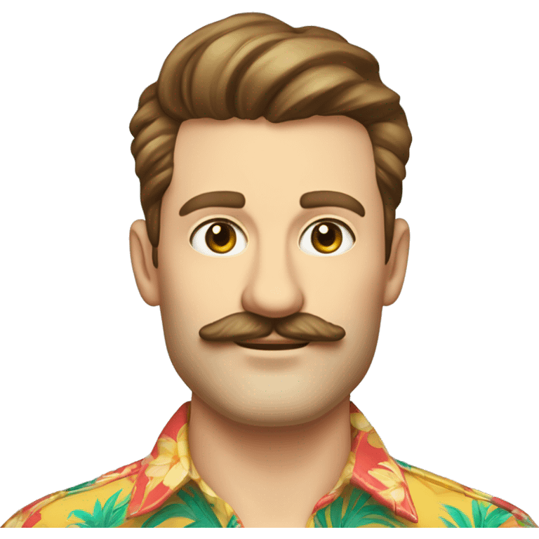 Soft male caucasian Trader Joe's employee with tropical shirt and hipster handlebar-type moustache and brown hair. 34 years old. emoji