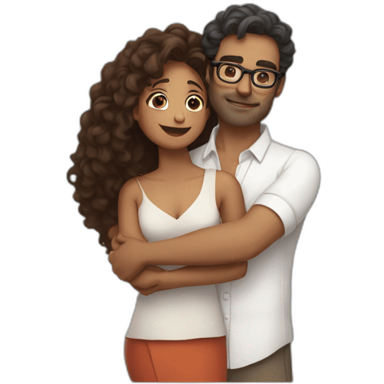 Indian woman with medium curly hair hugging a tall french man wearing glasses and a white shirt emoji