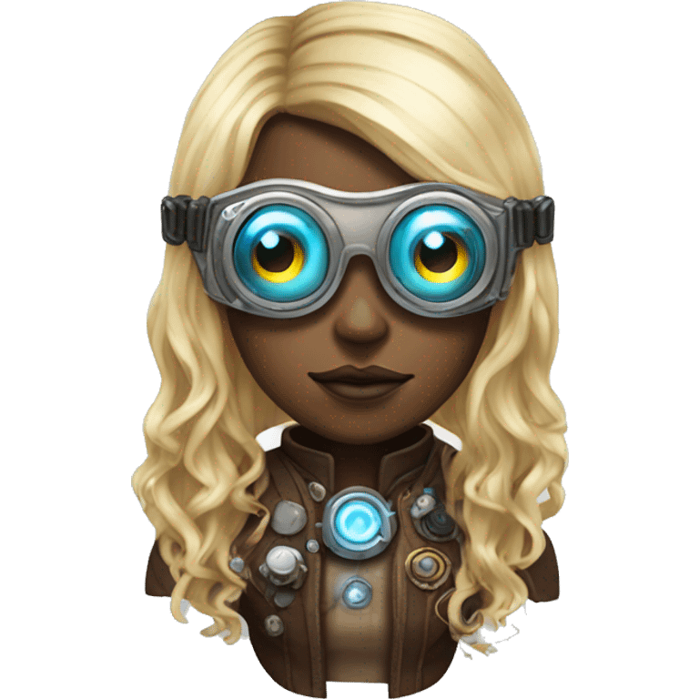 Brown long hair with blonde steaks female cyborg head, fair skin, steampunk goggles and circuits emoji