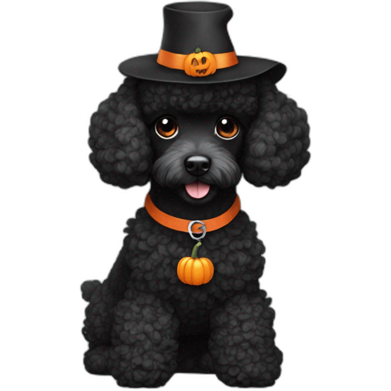 Black mini poodle wearing a pumpkin hat emoji