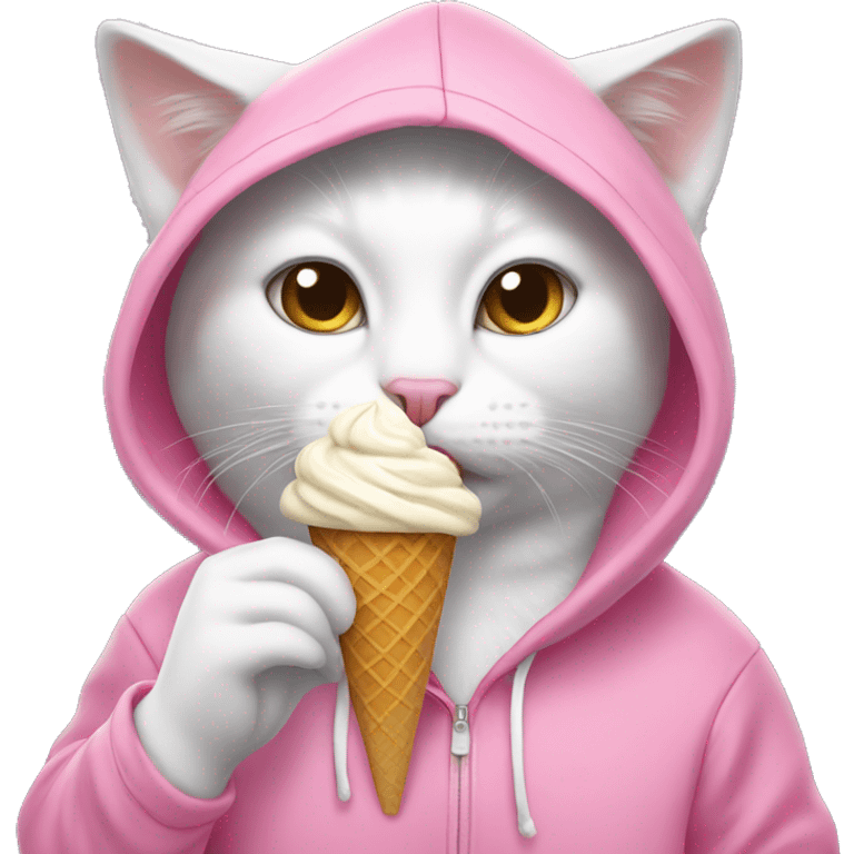 A white cat eating ice cream while wearing a pink hoodie emoji