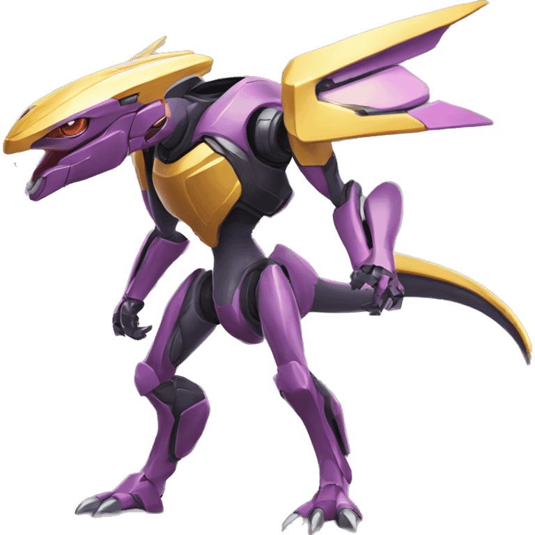 a shiny Genesect-Raptor-Fakémon—hybrid with a futuristic visor-helmet full body emoji