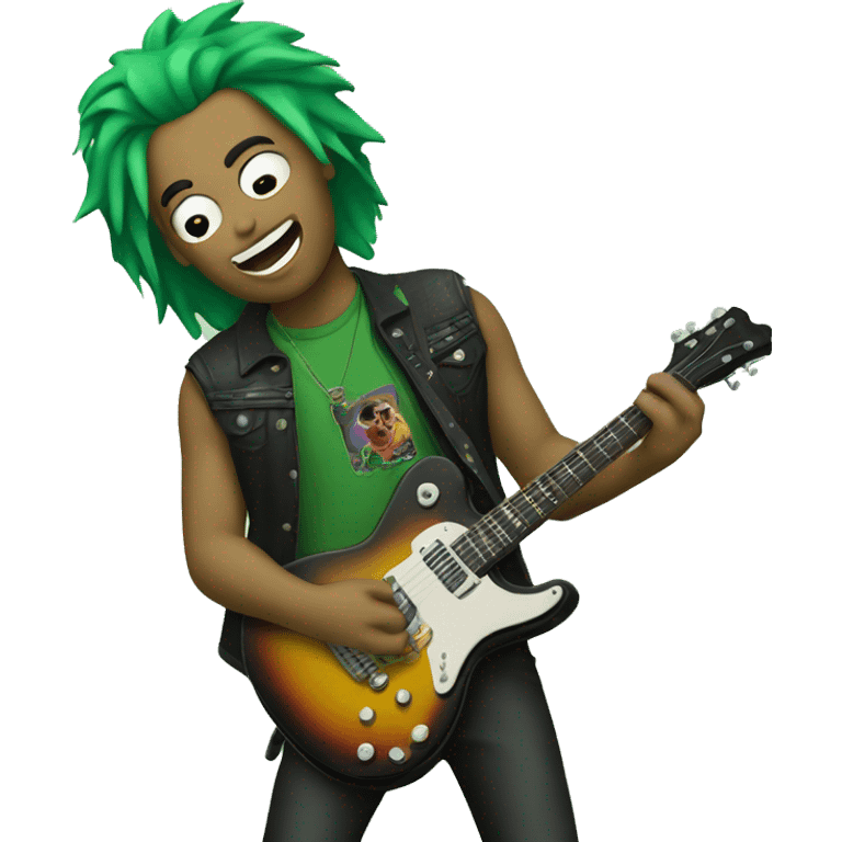 Rockstar with green hair wearing a guitar emoji