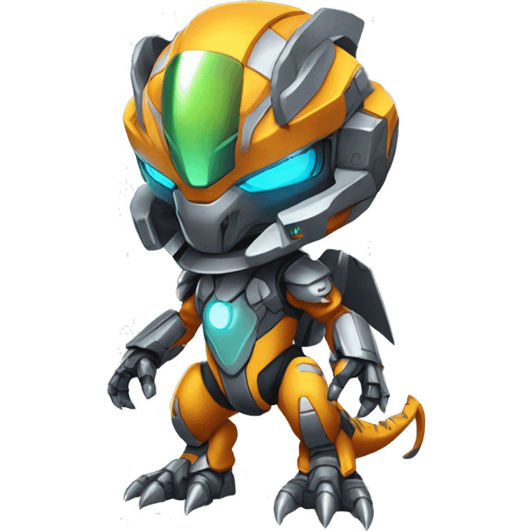 Colorful Edgy Chibi Greymon-Velociraptor-Genesect-Fakémon-Pokémon wearing a with a futuristic visor-helmet And Mecha-suit Full Body emoji