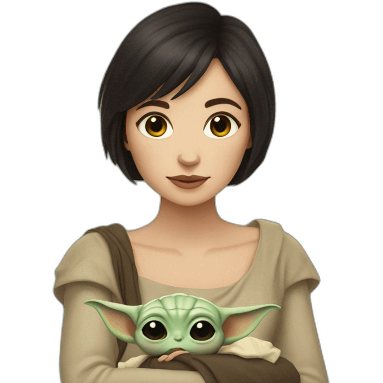 Young pale woman, dark short hair, holding baby yoda emoji