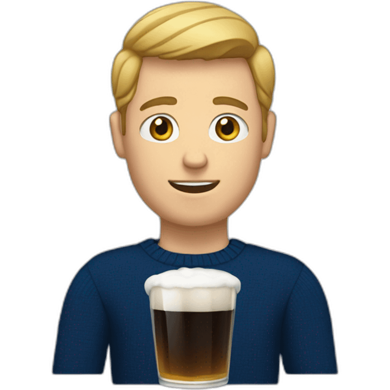 a white guy with a dark blue sweater and a white cast on his left hand and a beer in his other hand emoji