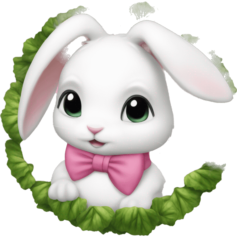 White bunny brown eyes with a pink bow and kale emoji