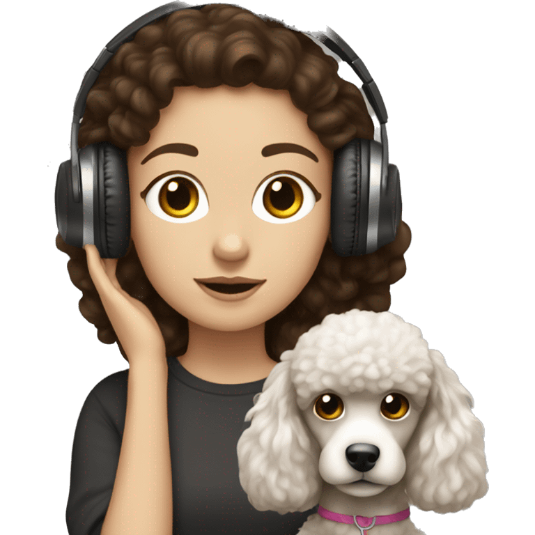 White girl, dark hair in headphones with brown poodle emoji