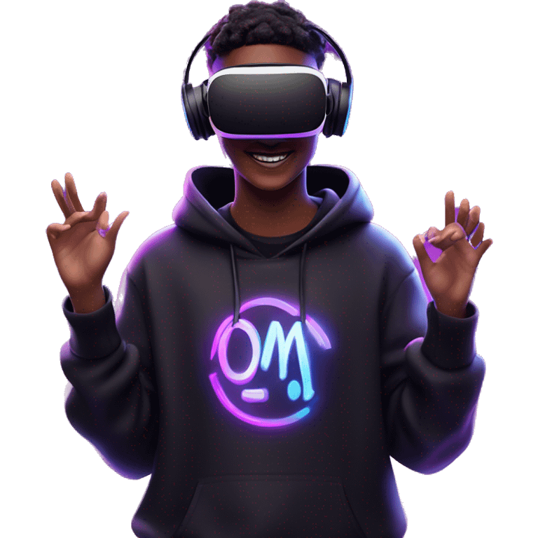 Happy student wearing a black hoodie with "OMG" letters on it and VR headset oculus quest 2 in a cyberpunk VR environment with violet neon lighting. emoji