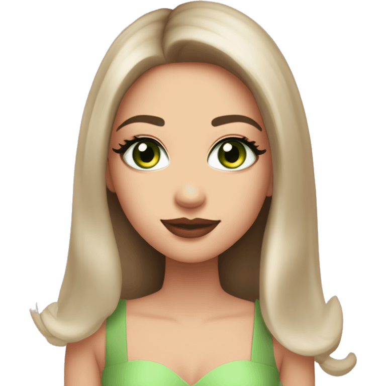 beautiful girl with high cheek bones orange blush, long straight shiny dark brown hair, big green eyes and big pale pink lips. Long thick eyelashes. Wearing a cream bustier.  She is smiling emoji