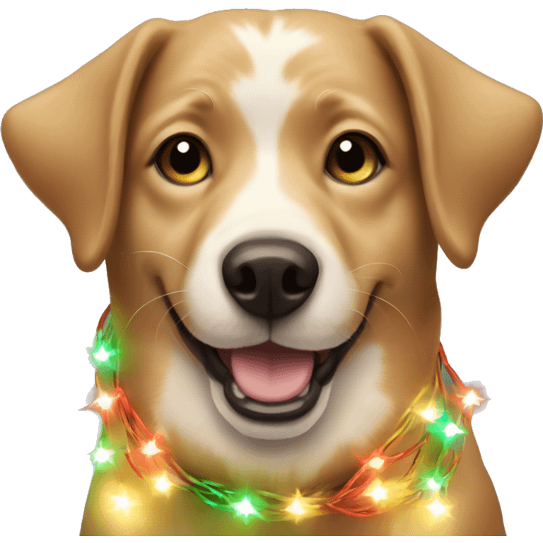 happy dog wrapped in christmas lights emoji