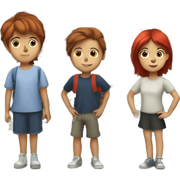 A boy with brown hair two girls, one with brown hair and one with red hair, standing on the steps of a dark green brick apartment building with bay windows emoji