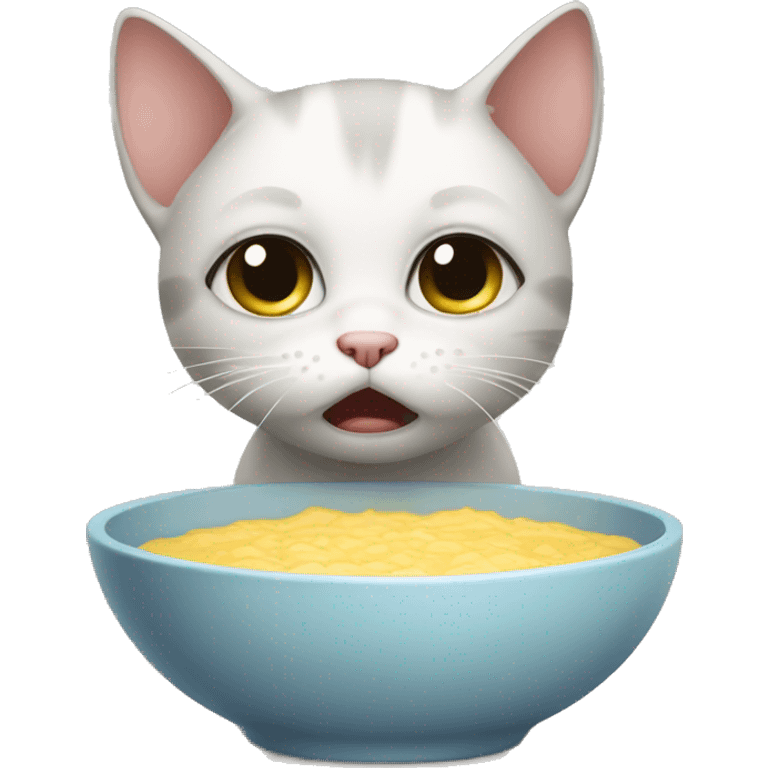 Sad crying kitten next to empty bowl emoji