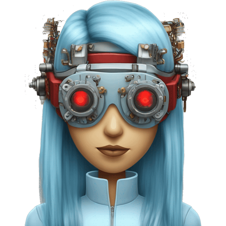 Light blue long hair female cyborg head with red steampunk goggles and circuits emoji