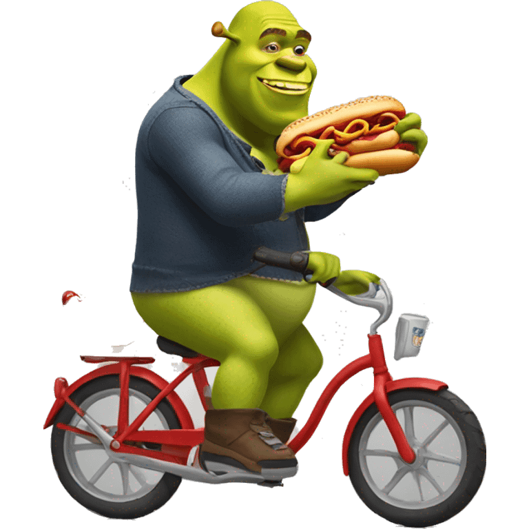 Shrek riding a bike holding a hotdog emoji