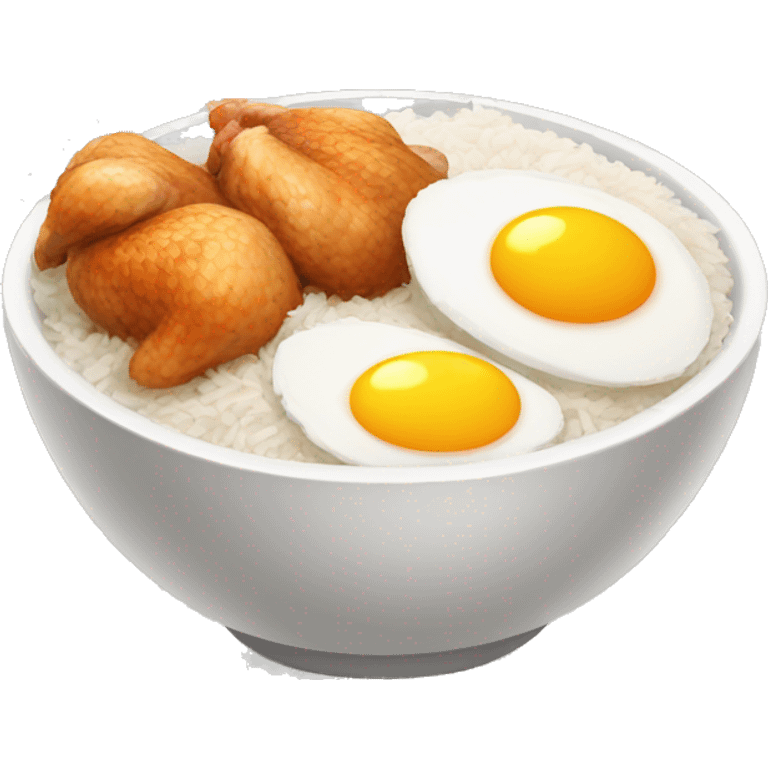 a bowl of rice with two eggs and two chicken emoji