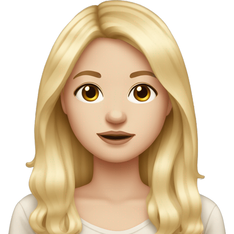 White girl with long blonde hair with curtain bangs, dark brown eyes and rosy cheeks emoji