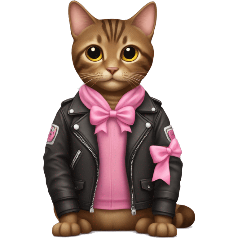 Brown tabby cat wearing a motorcycle jacket with pink bows emoji