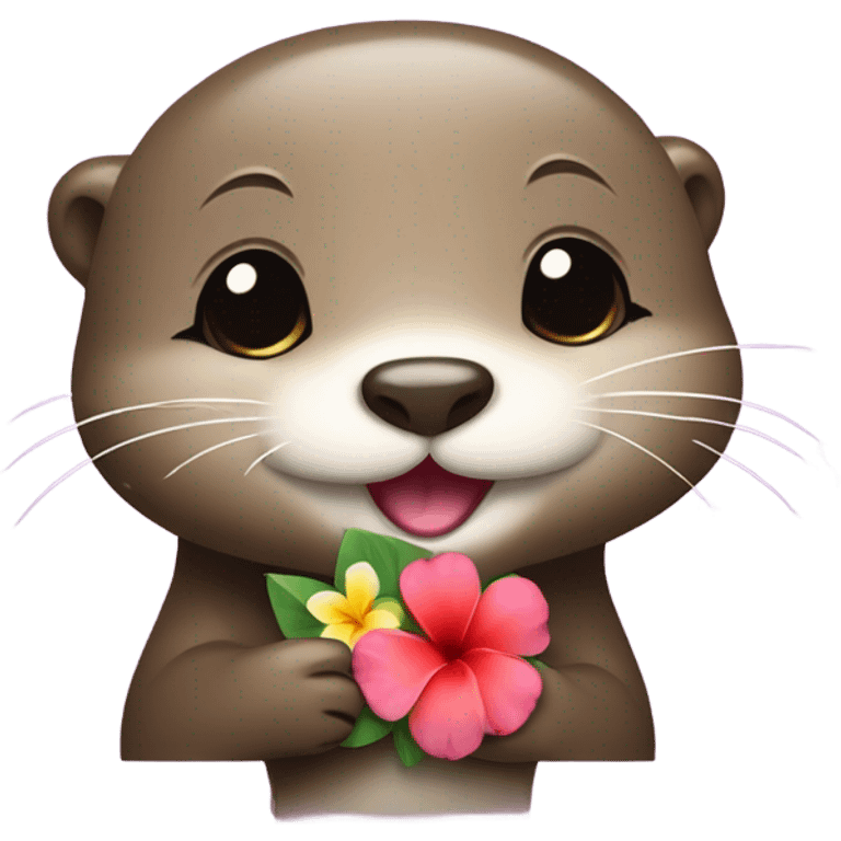 A happy and cute otter face with a Hawaiian flower tucked behind its ear, holding a heart. emoji