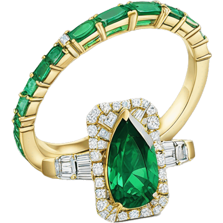 Gold ring with emerald cut diamond in middle and green gem pear cut side stones emoji