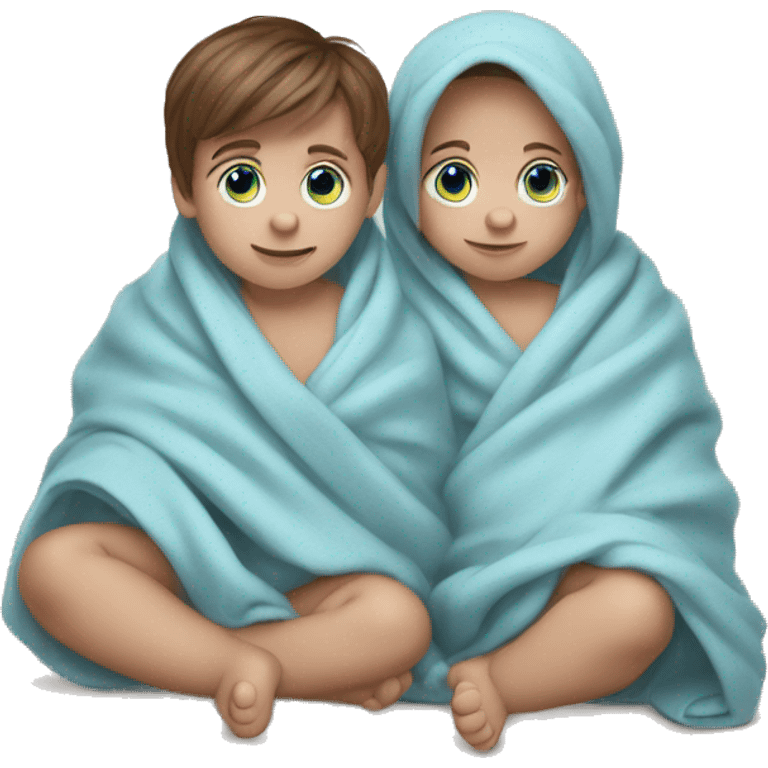 Twin baby boys brown hair blue eyes wrapped in a blanket  emoji