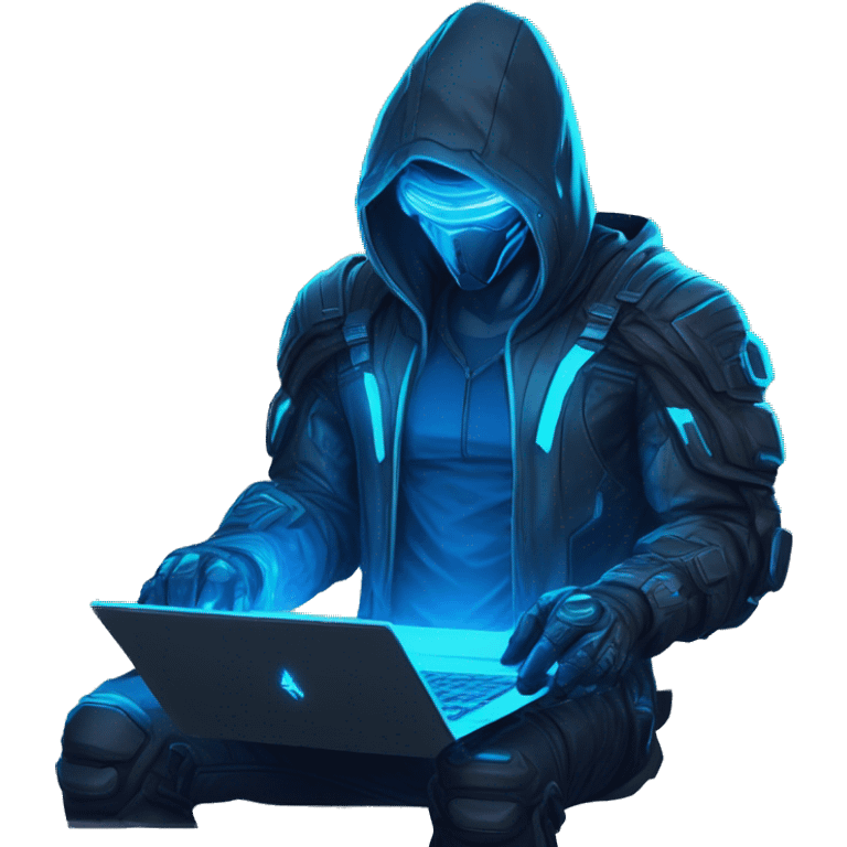 developer behind his laptop with this style : crysis Cyberpunk Riot Games Valorant neon glowing bright blue character blue black hooded assassin themed character emoji