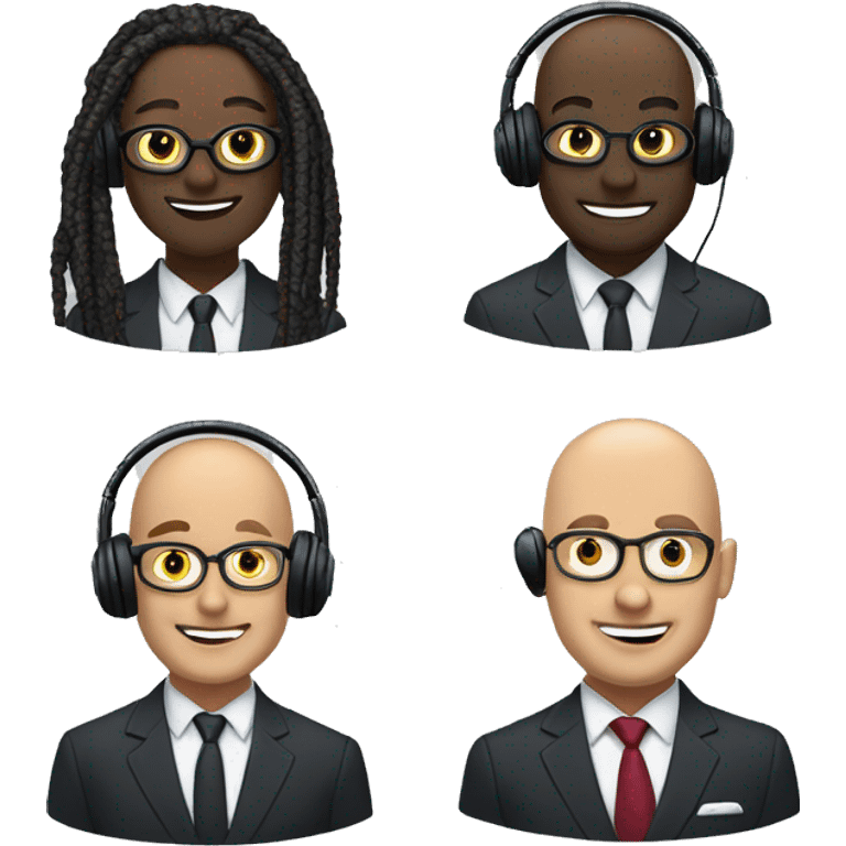 Two well-dressed individuals in suits. One individual wearing shoulder length dread locks one character bald headed. Both wearing headphones for a podcast. Happy faces.  
 emoji