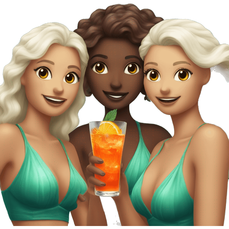 Three beautiful bright skin mermaids drinking aperol emoji