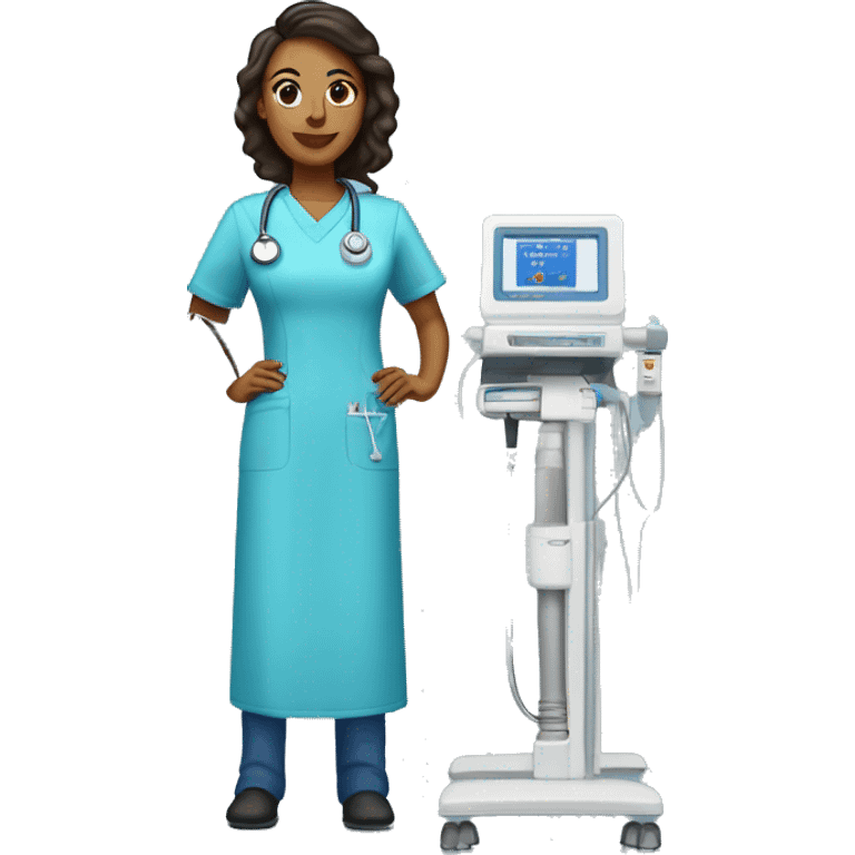 dialysis nurse wearing a blue tunic standing next to a dialysis machine emoji