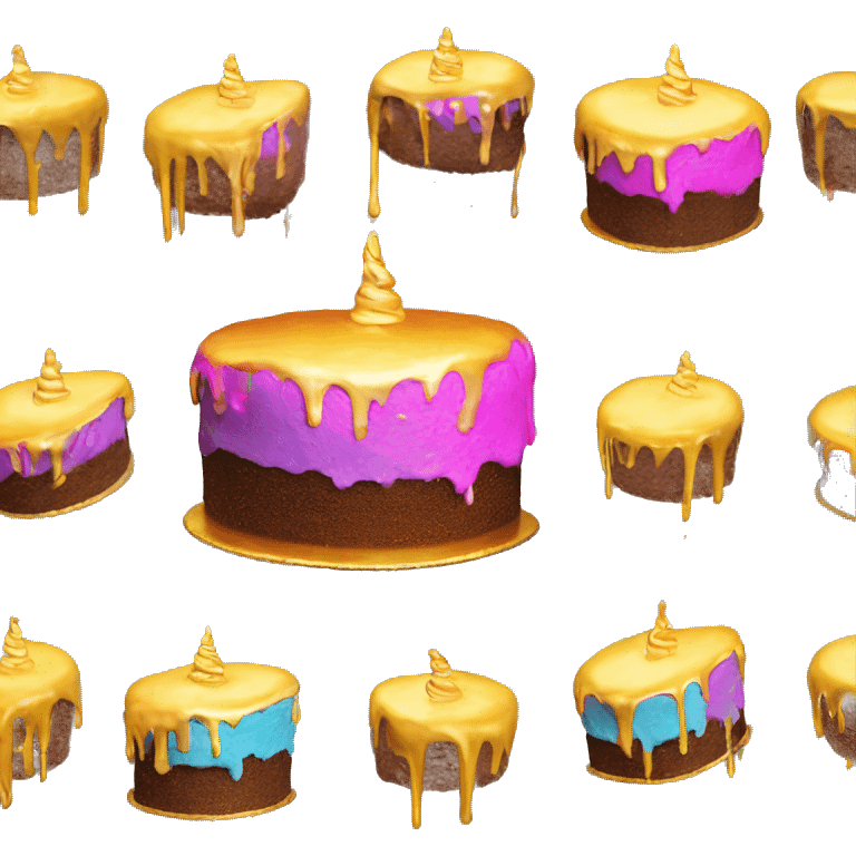 Realistic isolated colorful cake with metallic gold icing dripping from top and all down along the cake emoji