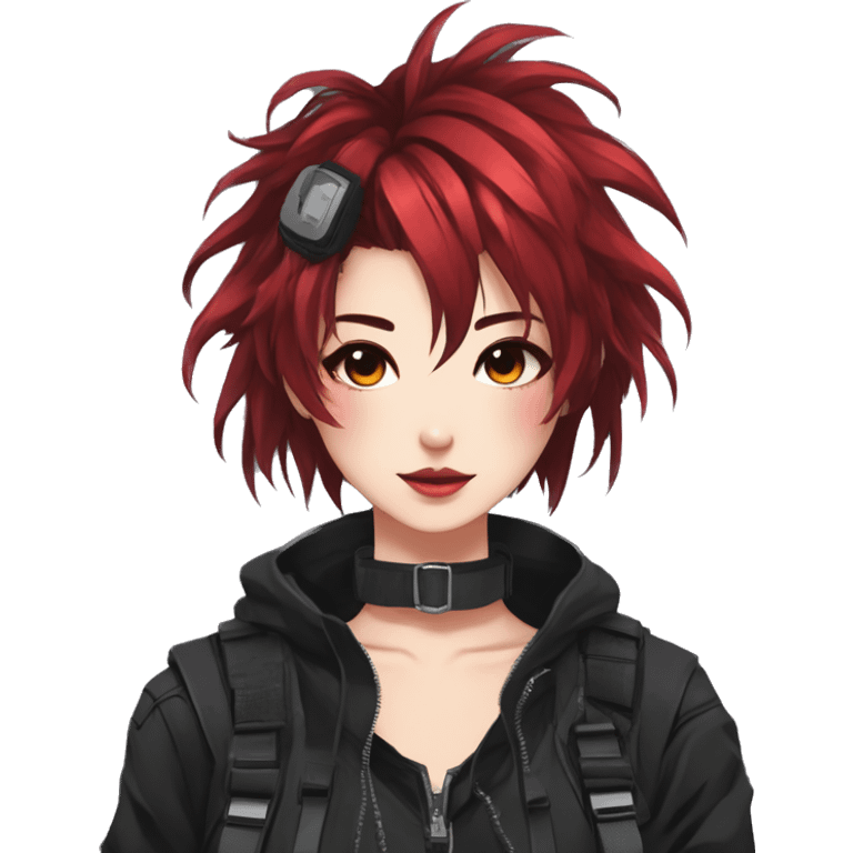 Gorgeous techwear anime style lady with blushing face aesthetic and pretty edgy black red punk hair with messy hair and collar and harness trending style emoji